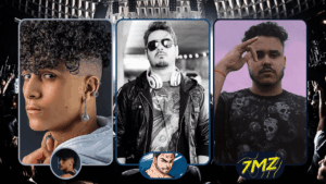 "Artistas de rap geek brasileiro em performance ao vivo" "Interface do YouTube mostrando números do rap geek nacional" "Equipamentos de produção musical para rap geek" "Infográfico crescimento streaming música nerd Brasil"