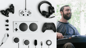 "Xbox Adaptive Controller conectado com switches personalizados" "Jogador usando eye tracking para controlar jogo de corrida" "Interface acessível do jogo The Last of Us Part II"